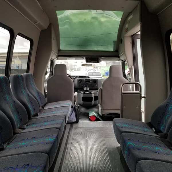 an inside view of a van with seats