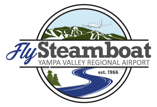 yampa-valley-regional-airport-steamboat-springs-LOGO-WINTER-01 Logo with Fly Steamboat, mountains, plane, river, Yampa Valley Regional Airport, est. 1966.