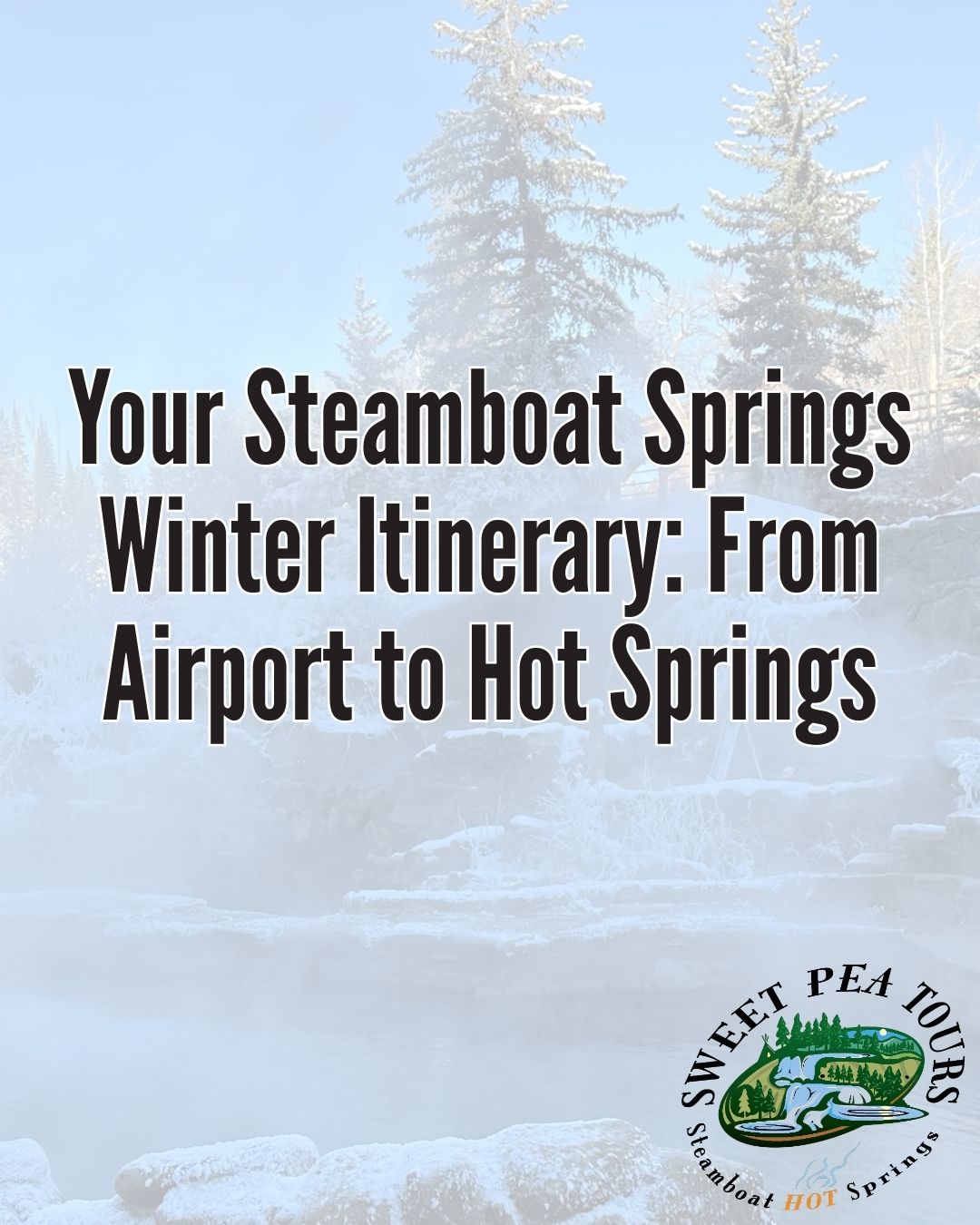 Text: Steamboat Springs Winter Itinerary; Logo: Sweet Pea Tours with snowy trees and hot spring background.